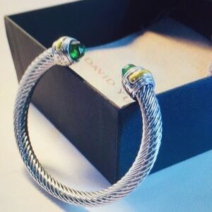 DavidYurman Inspired Silver Cable Bracelet with Green Gemstone Ends